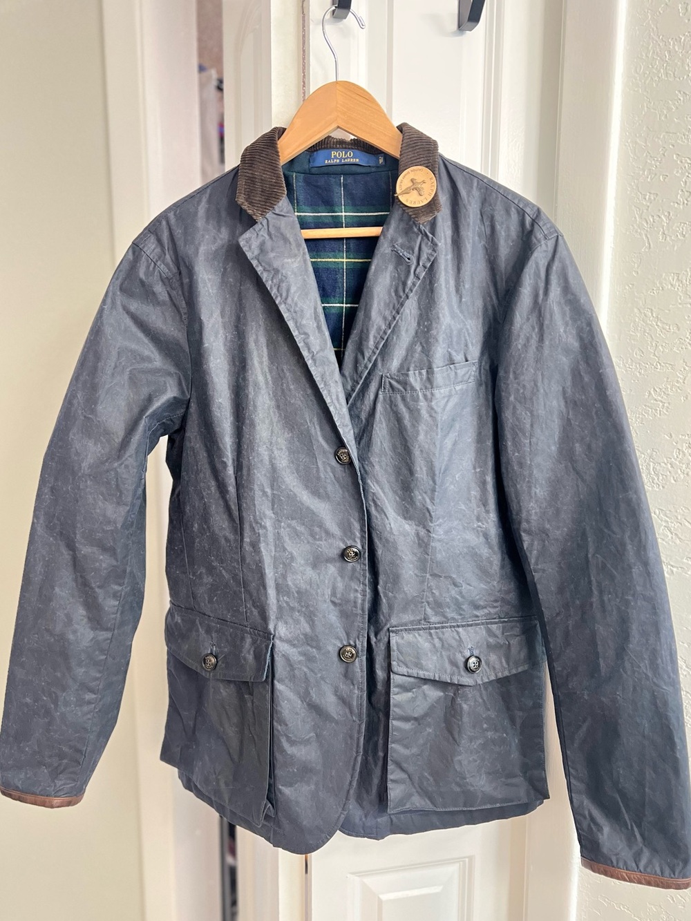 NWT Vtg Polo Ralph Lauren Navy Waxed Cotton Field Coat with Corduroy Collar - Picture 11 of 11